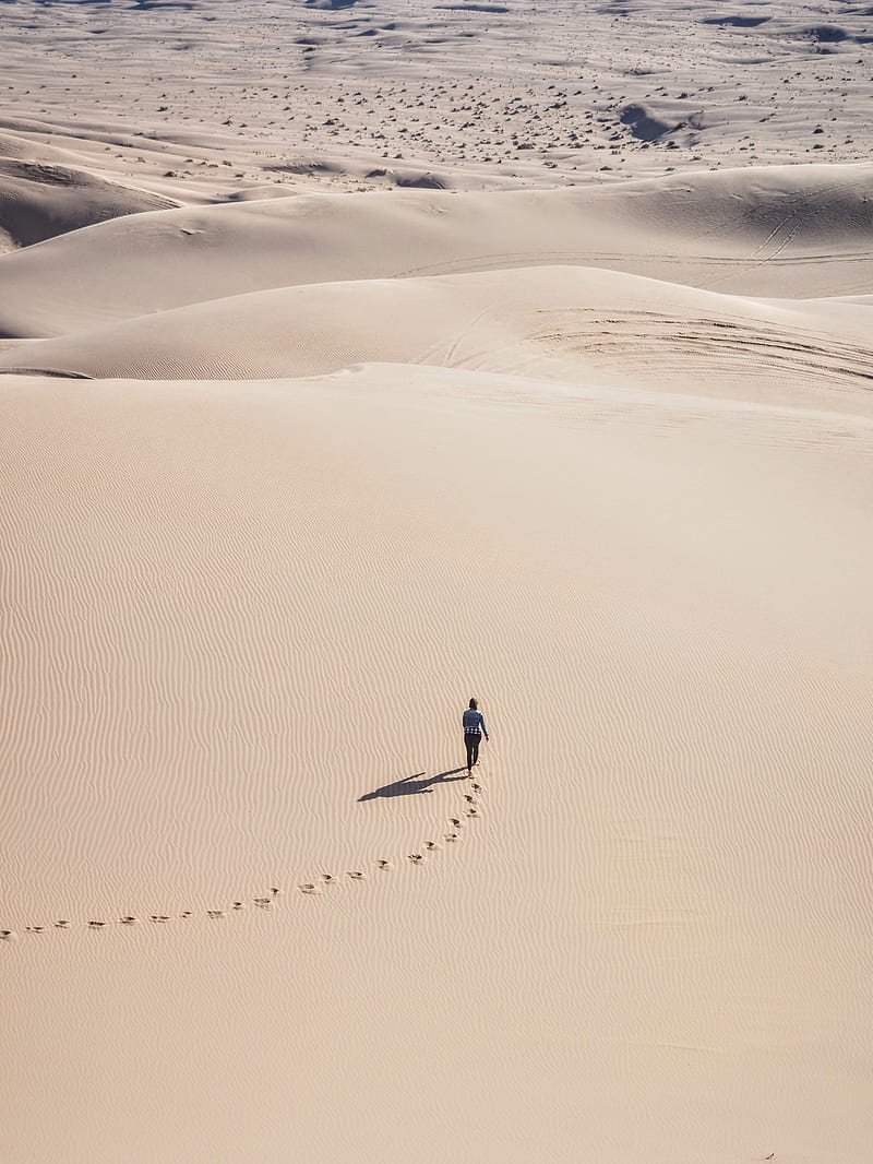 man, desert, aerial view, sand, footprints, HD phone wallpaper