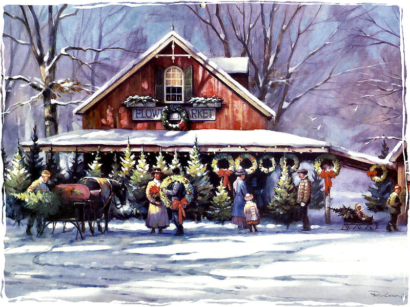 Christmas At The Flower Market 2, art, christmas, trees, artwork, market, winter, wreaths, snow, paul landry, landry, painting, scenery, landscape, HD wallpaper