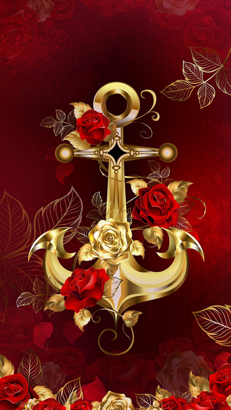 Golden Anchor, gold, red, rose, roses, HD phone wallpaper