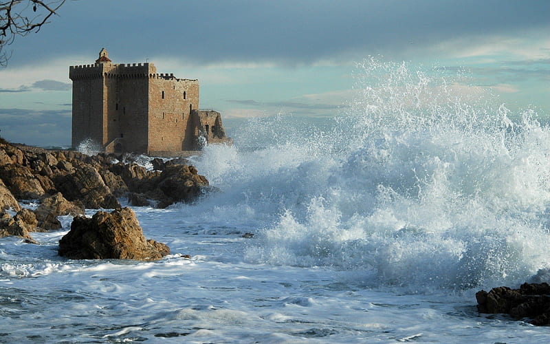 castle ruins in a wild sea shore, rocks, shore, ruins, waves, castle, sea, HD wallpaper