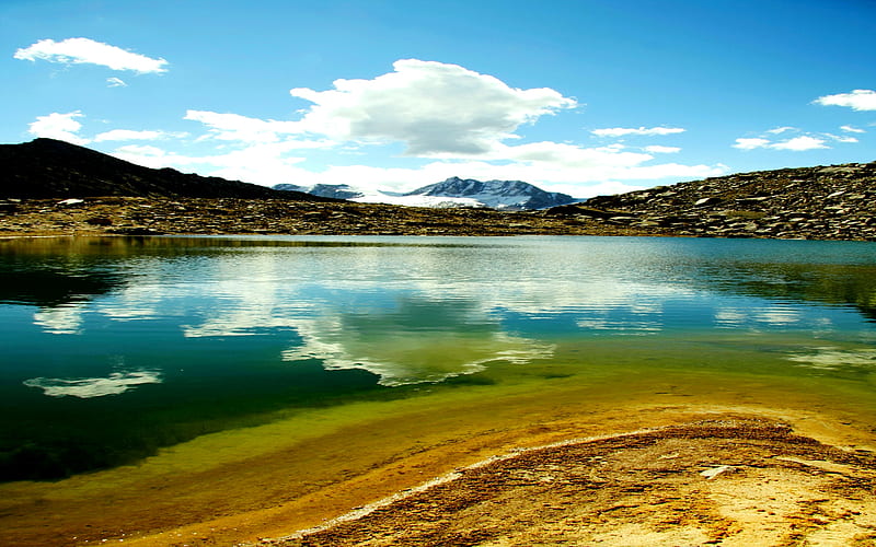 BEAUTIFUL LAKE, shore, sky, clouds, lake, mountain, sand, water, cliffs, peaceful, nature, reflection, blue, HD wallpaper