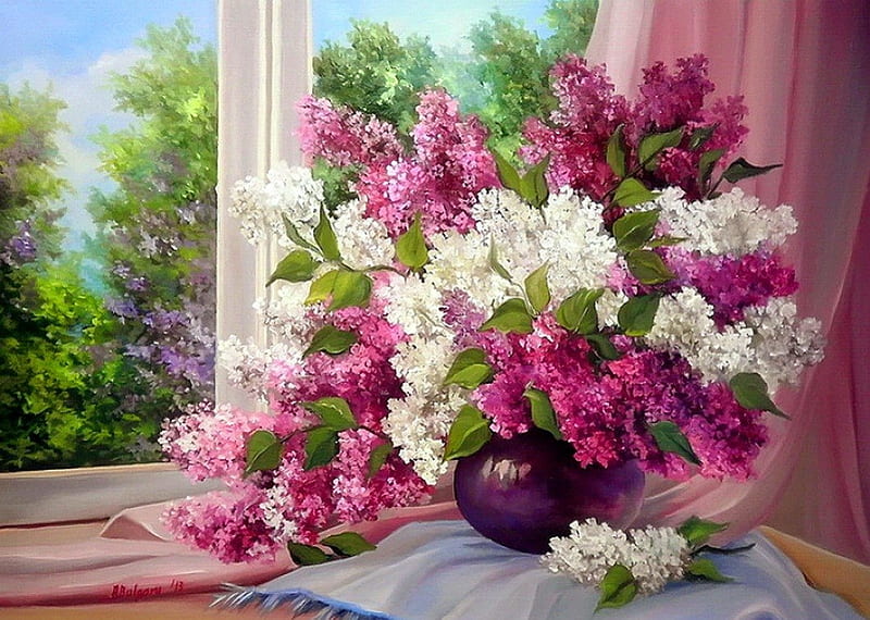 Spring still life, lilac, pretty, colorful, house, home, vase, bonito, nice, elegance, painting, flowers, room, harmony, art, lovely, window, view, fresh, delicate, trees, freshness, garden, nature, HD wallpaper