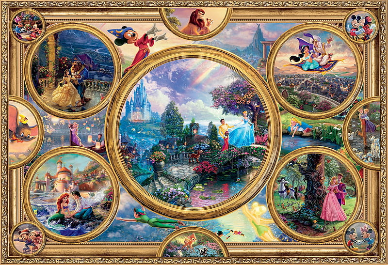 Disney collage, ariel, girl, aurora, micky mouse, collage, princess, disney, belle, aladdin, fantasy, HD wallpaper