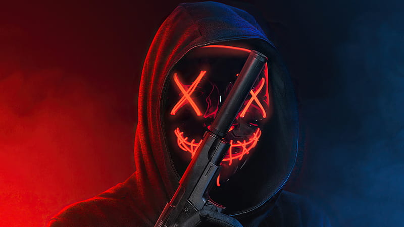 Glowing Mask Eyes With Gun , hoodie, mask, neon, artist, artwork, digital-art, HD wallpaper
