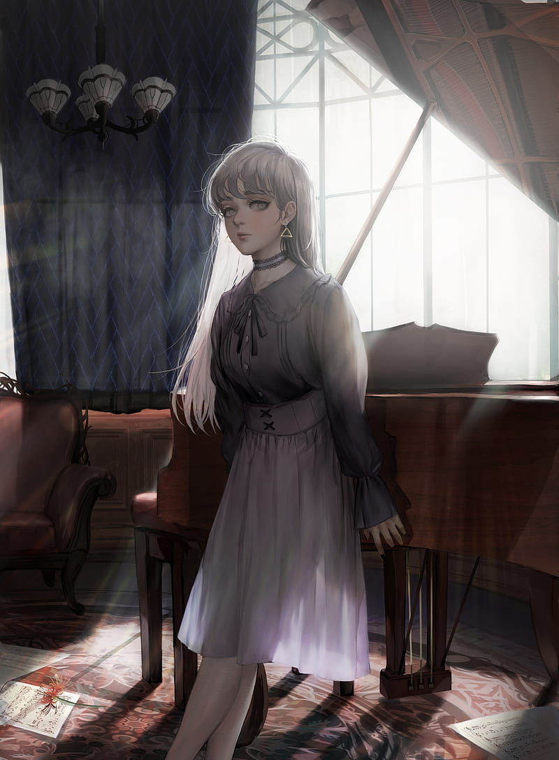 anime girl, semi realistic, room, dress, white hair, Anime, HD phone wallpaper