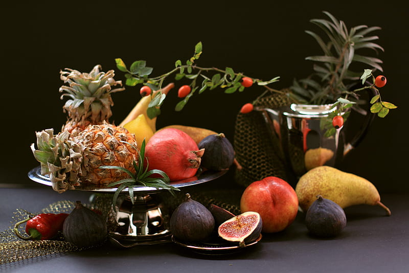 still life with fruits, apricote, pear, fruits, bowle, apless, ananas, bonito, lemon, HD wallpaper