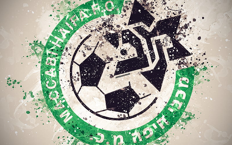 Maccabi Haifa FC, paint art, logo, creative, white background, grunge style, Israeli football team, Israeli Premier League, Ligat HaAl, emblem, Haifa, Israel, football, HD wallpaper