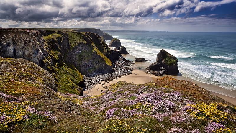 English Coastline, cliff, cornwall, sea, landscape, HD wallpaper