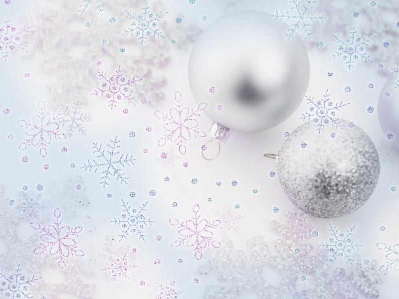 Delicate Silver Glow, ornaments, soft colors, snowflaks, glow, pastels, delicate, silver, winter, sparkle, merry christmas, balls, love, bright, siempre, nature, HD wallpaper