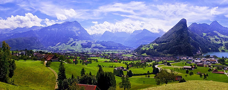 Kanton Of Schwyz Panoramic, Switzerland, Alps, forest, townscape, houses, town, bonito, sky, clouds, lake, mountains, green grass, HD wallpaper