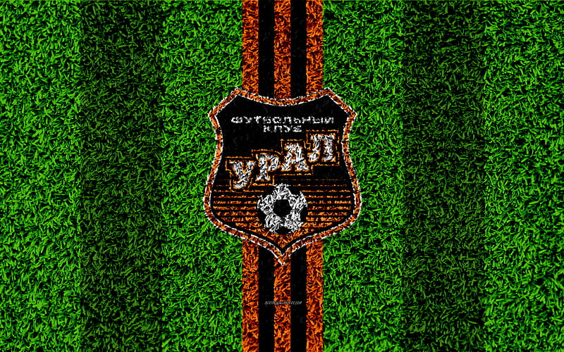 FC Ural Yekaterinburg logo, grass texture, Russian football club, black orange lines, football lawn, Russian Premier League, Yekaterinburg, Russia, football, HD wallpaper