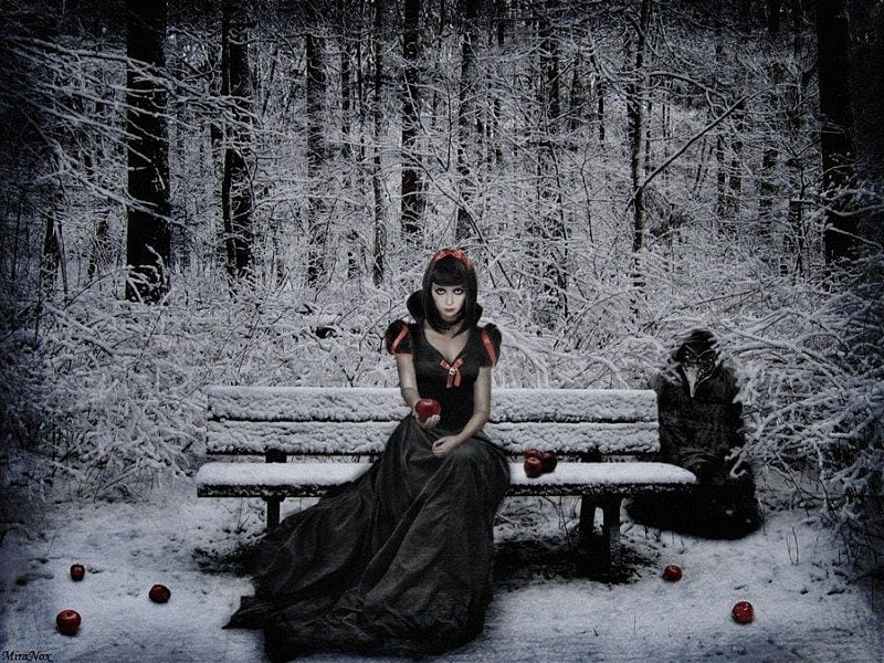 Beauty Awake, female, apples, bench, trees, abstract, artwork, fantasy, seated, snow, branches, frost, HD wallpaper