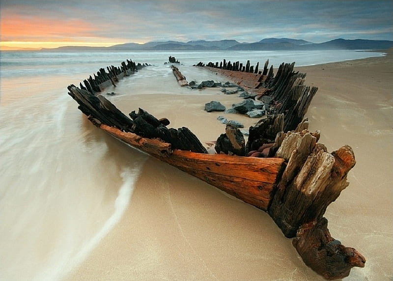 Wooden structure, beach, sloven, dead, boat, wood, HD wallpaper