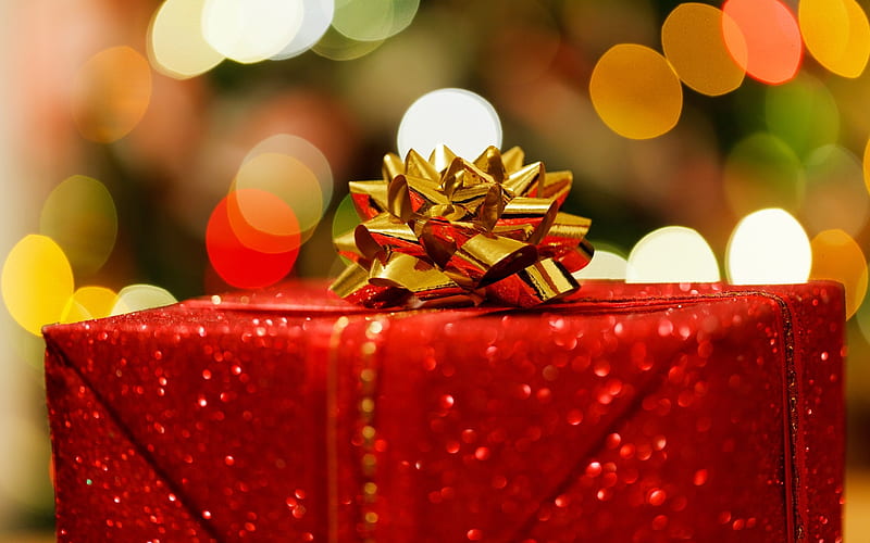 Gift box, Christmas, golden bow, Happy New year, xmas decoration, gifts, Merry Christmas, xmas, HD wallpaper