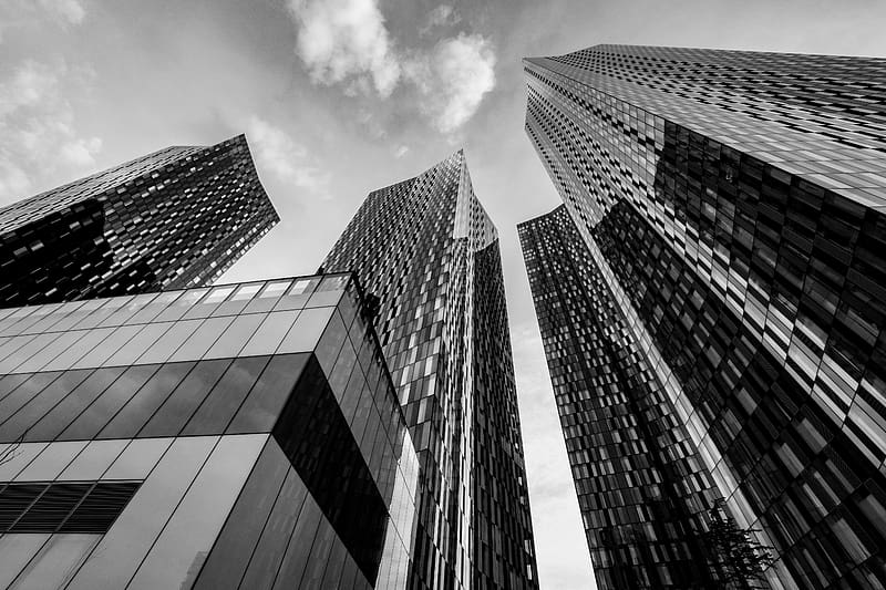 skyscrapers, bottom view, black and white, buildings, architecture, HD wallpaper