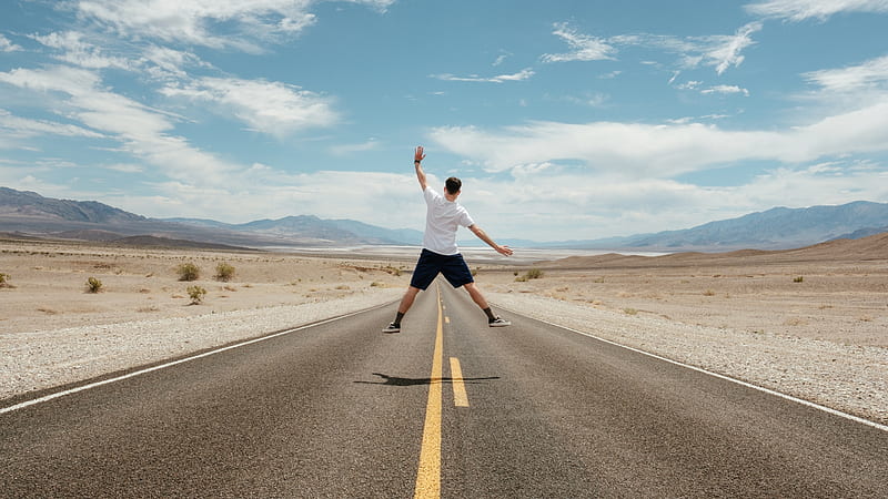 man, jump, levitation, road, desert, HD wallpaper