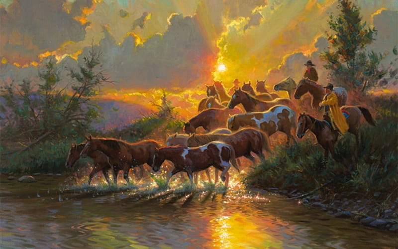 muster at sunrise, tree, grass, river, horse, cowboy, HD wallpaper