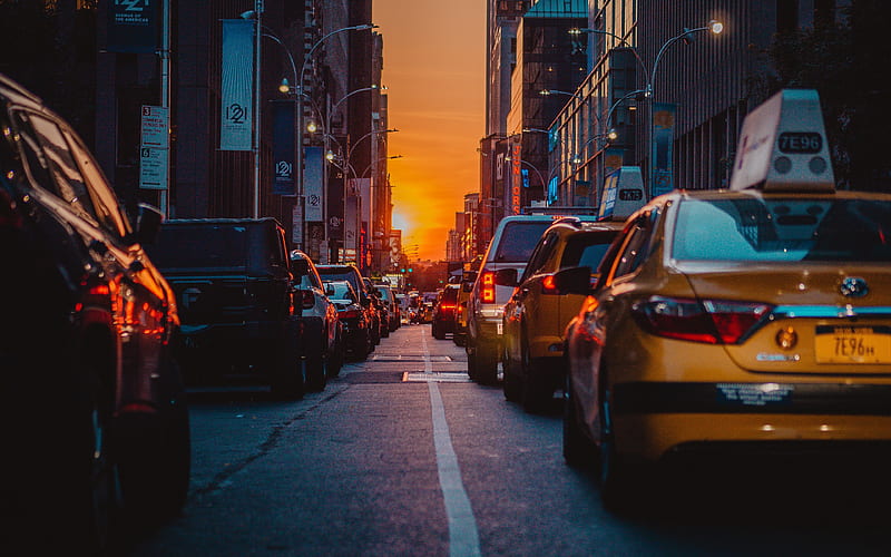 New York City, street, traffic jam, Manhattan, NYC, traffic, New York, USA, evening city, America, HD wallpaper