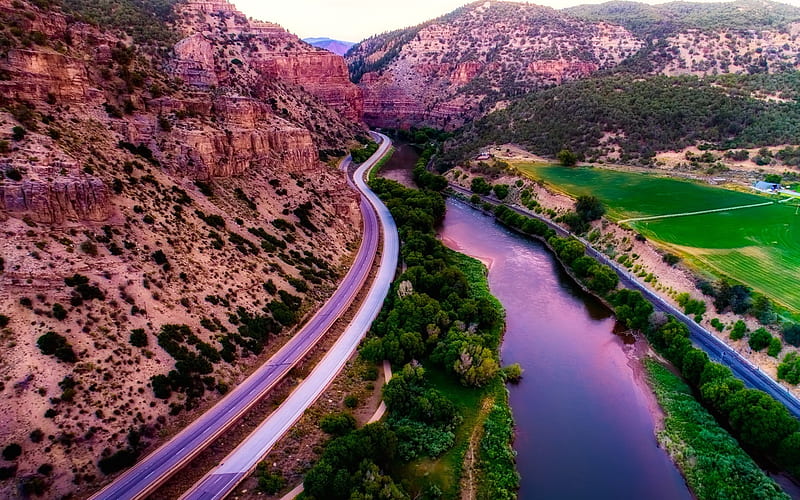 America, Colorado, mountains, river, road, valley, USA, HD wallpaper