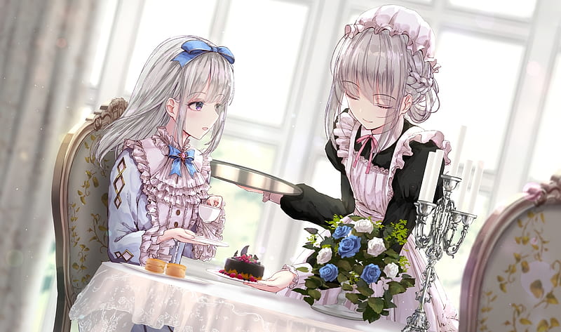 anime girls, lolita fashion, eating, maid outfit, gray hair, Anime, HD wallpaper anime girls, lolita fashion, eating, maid outfit, gray hair, Anime, HD wallpaper