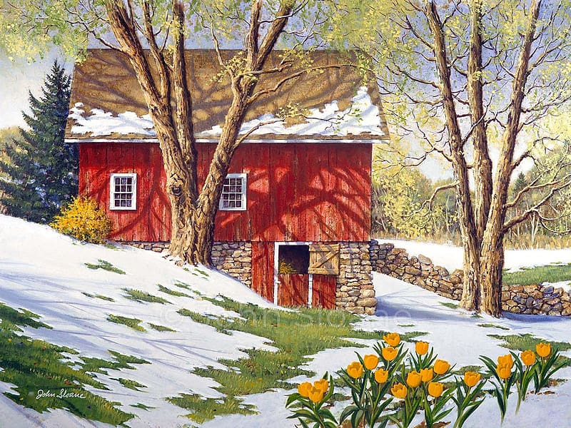 Spring Thaw, snow, house, painting, trees, flowers, tulips, spring, HD wallpaper