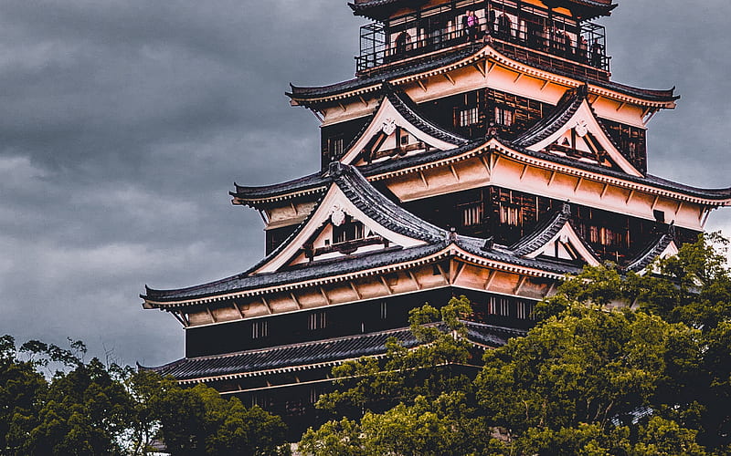 Hiroshima Castle, Carp Castle, japanese landmarks, forest, japan, Asia, HD wallpaper