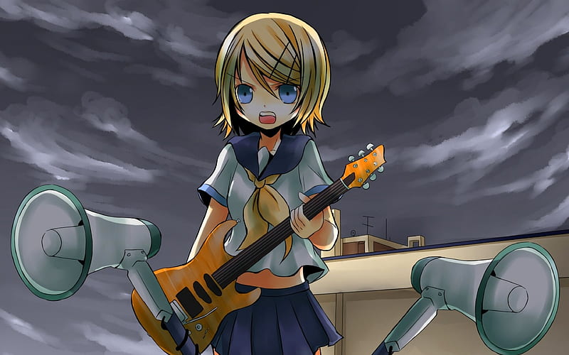 kagamine rin, vocaloid, anime girl, girl with a guitar, singer, HD wallpaper