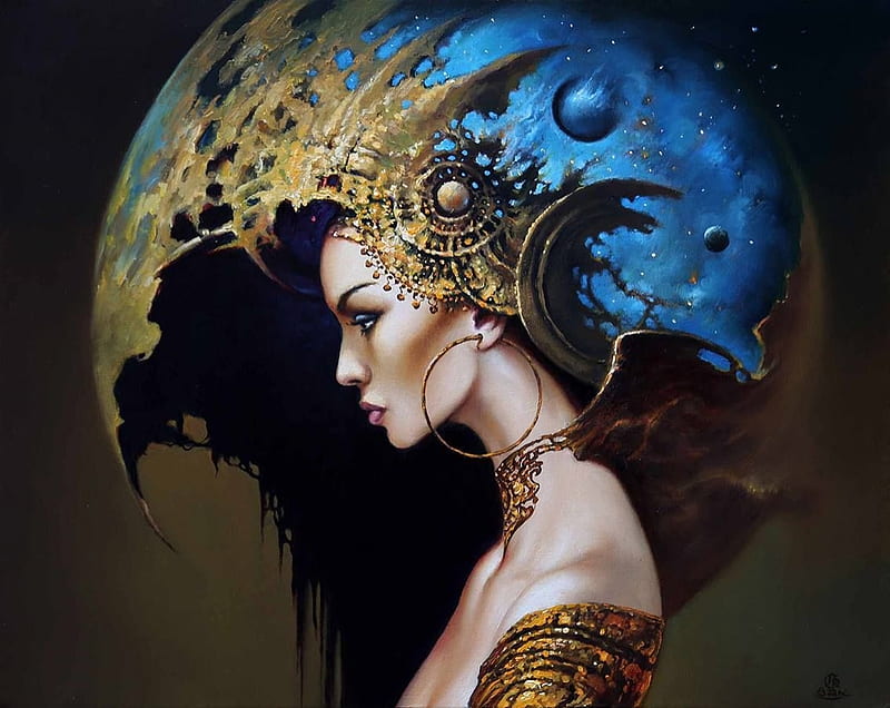 Moon by Karol Bak, painting, face, blue, karol bak, art, frumusete, moon, luminos, moon, fantasy, girl, puctura, HD wallpaper