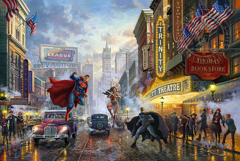 Batman, Superman and Wonder Woman, art, luminos, batman, comics, dc, thomas kinkade, superman, wonder woman, heroes, fantasy, painting, pictura, HD wallpaper