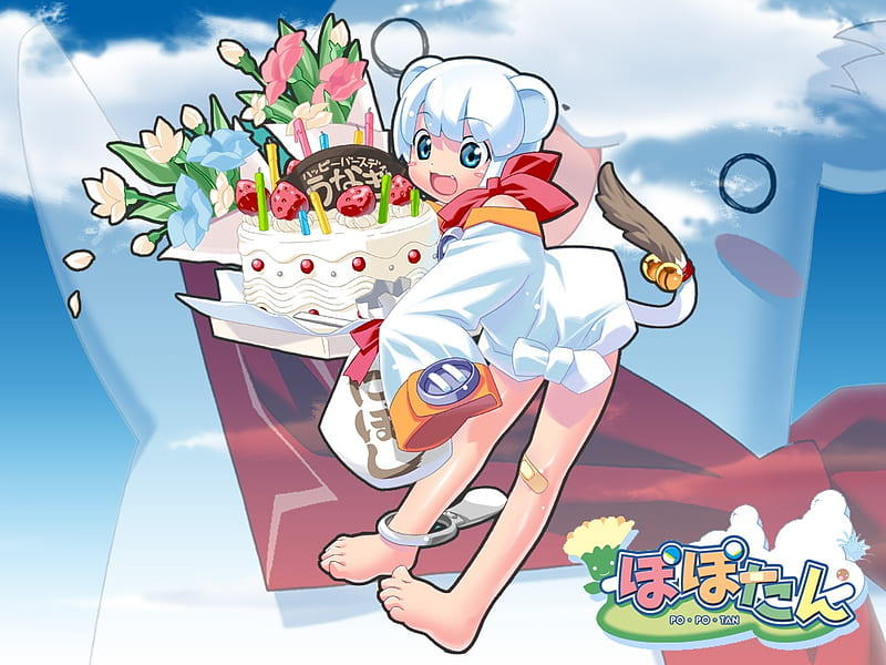 Popotan, cake, tail, cute, unagii, anime, white, bells, ferret, HD wallpaper