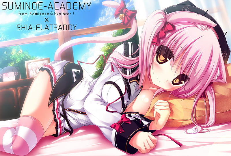 Shia, laying down, blush, bedroom, bow, thighhighs, sweet, hot, anime girl,  school uniform, HD wallpaper