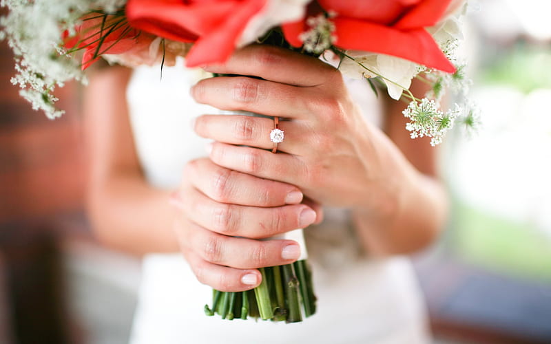 bride, wedding, bridal bouquet, hands, wedding rings, HD wallpaper