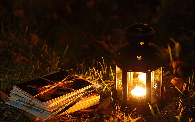 Lantern candle, book, night, HD wallpaper