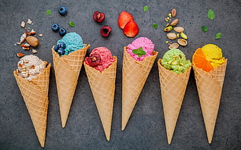 different fruit ice cream, sweets, dessert, ice cream, fruit, berries, HD wallpaper