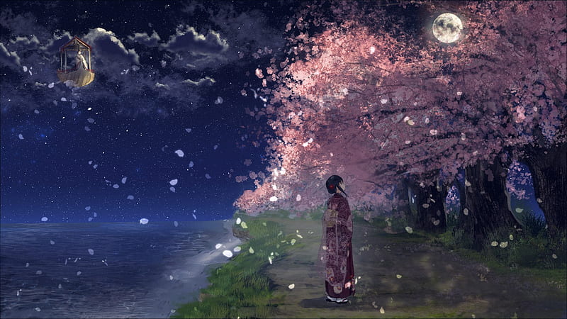 anime landscape, moonlight, kimono, floating boat, stars, night, scenery, Anime, HD wallpaper