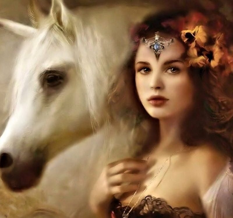 Beauty with Unicorn, pretty, Beauty, Unicorn, Fantasy, HD wallpaper