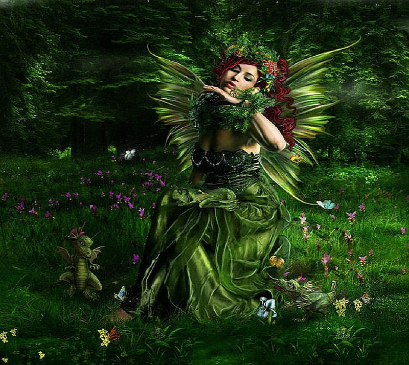 Enchanted garden, wings, dress, grass, greenery, bonito, butterflies, dragons, faires, green, flowers, garden, fairy, enchanted, HD wallpaper