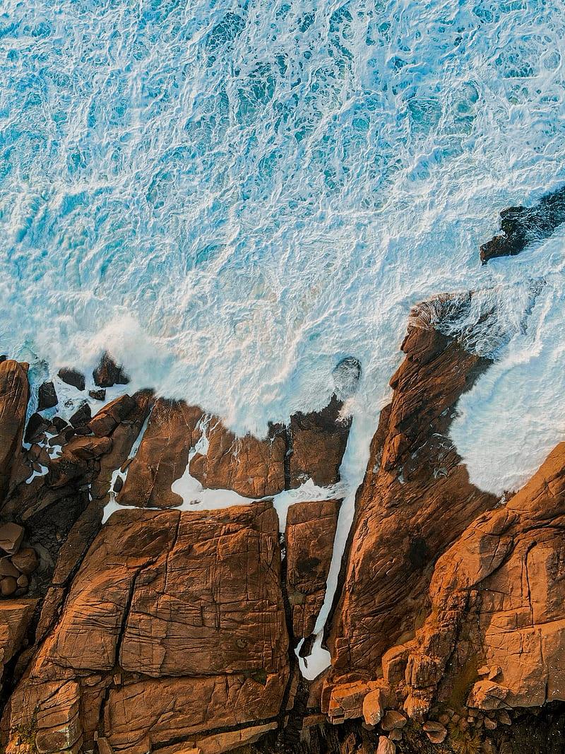 sea, rocks, aerial view, coast, waves, HD phone wallpaper