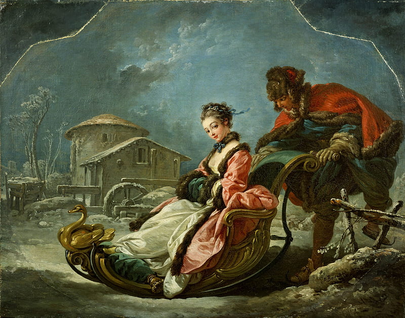 The four seasons ~ Winter, red, art, sleigh, man, winter, girl, four seasons, francois boucher, painting, pictura, couple, HD wallpaper