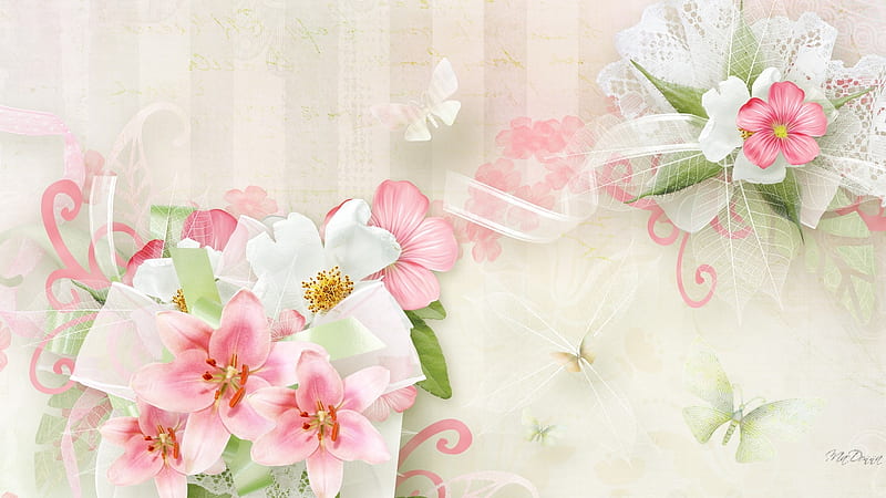 Summers Softness, art, lace, bow, ribbons, floral, butterfly, flowers, pink, Firefox Persona theme, HD wallpaper