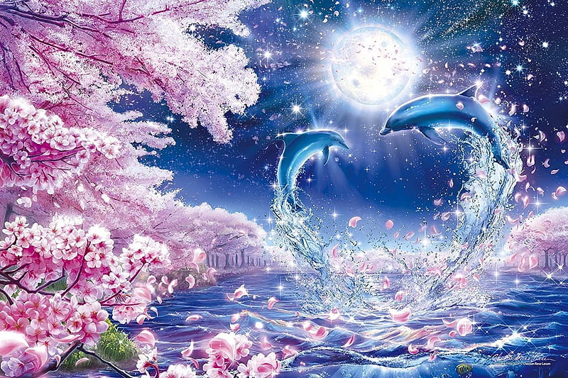 Spring moonlight, sakura, moon, luminos, spring, dolphin, blossom, fantasy, moon, water, pink, blue, HD wallpaper