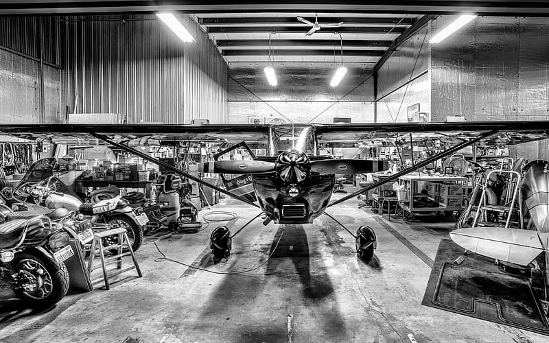 plane and motorcycles in a hanger r, plane, garage, motorcycles, r, hanger, BW, HD wallpaper