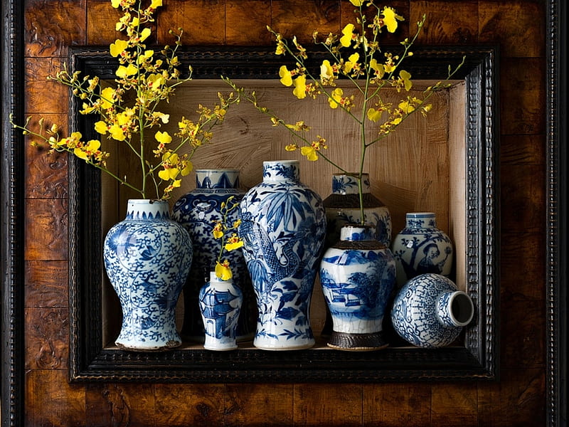 Oriental Still Life in Blue, still life, vases, oriental, flowers, white, blue, HD wallpaper