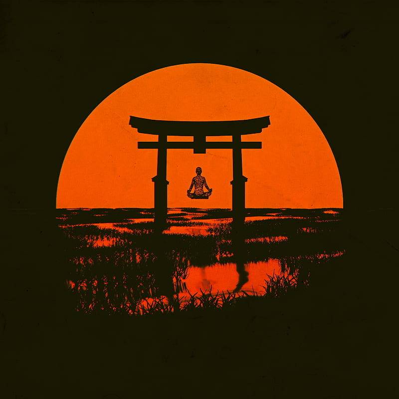 torii, silhouette, meditation, sun, arch, vector, HD phone wallpaper