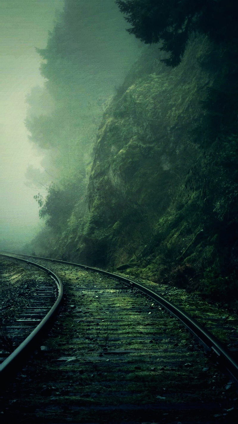 Dark Tracks, dark train, tracks cliff, HD phone wallpaper