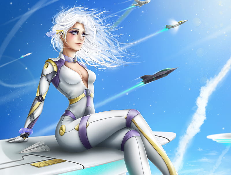 Future Rocket Plane Fantasy Anime Girl, anime-girl, anime, fantasy-girl, HD wallpaper