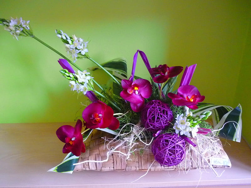 Violet flowers, decoration, basket, orchid, HD wallpaper