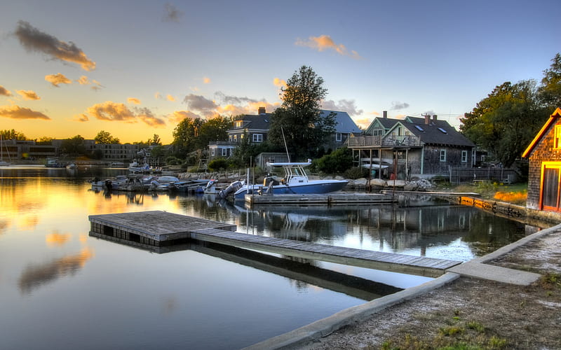 Beautiful Place, architecture, colorful, house, grass, sailing, bonito, sunset, clouds, boats, boat, green, beauty, reflection, lovely, view, houses, port, pier, buildings, colors, sky, trees, lake, building, water, harbour, peaceful, nature, sailboat, sailboats, HD wallpaper