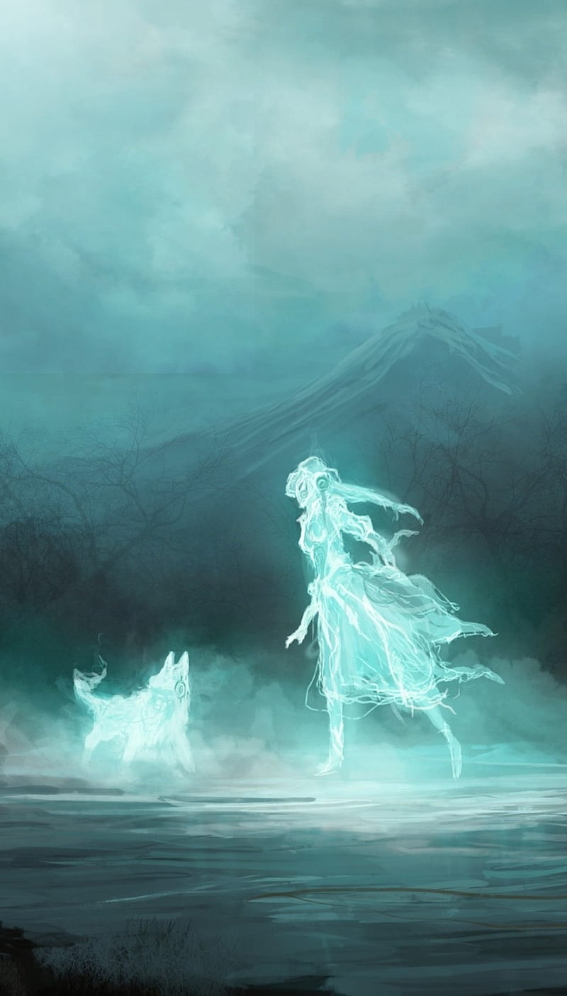 Bond beyond Death, afterlive, art, dog, ghost, girl, glow, mountains, HD phone wallpaper