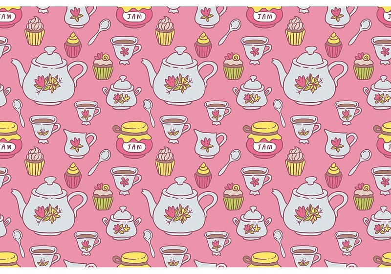 :), cup, teapot, pattern, white, gem, tea, vexels, pink, jar, yellow, texture, spoon, HD wallpaper